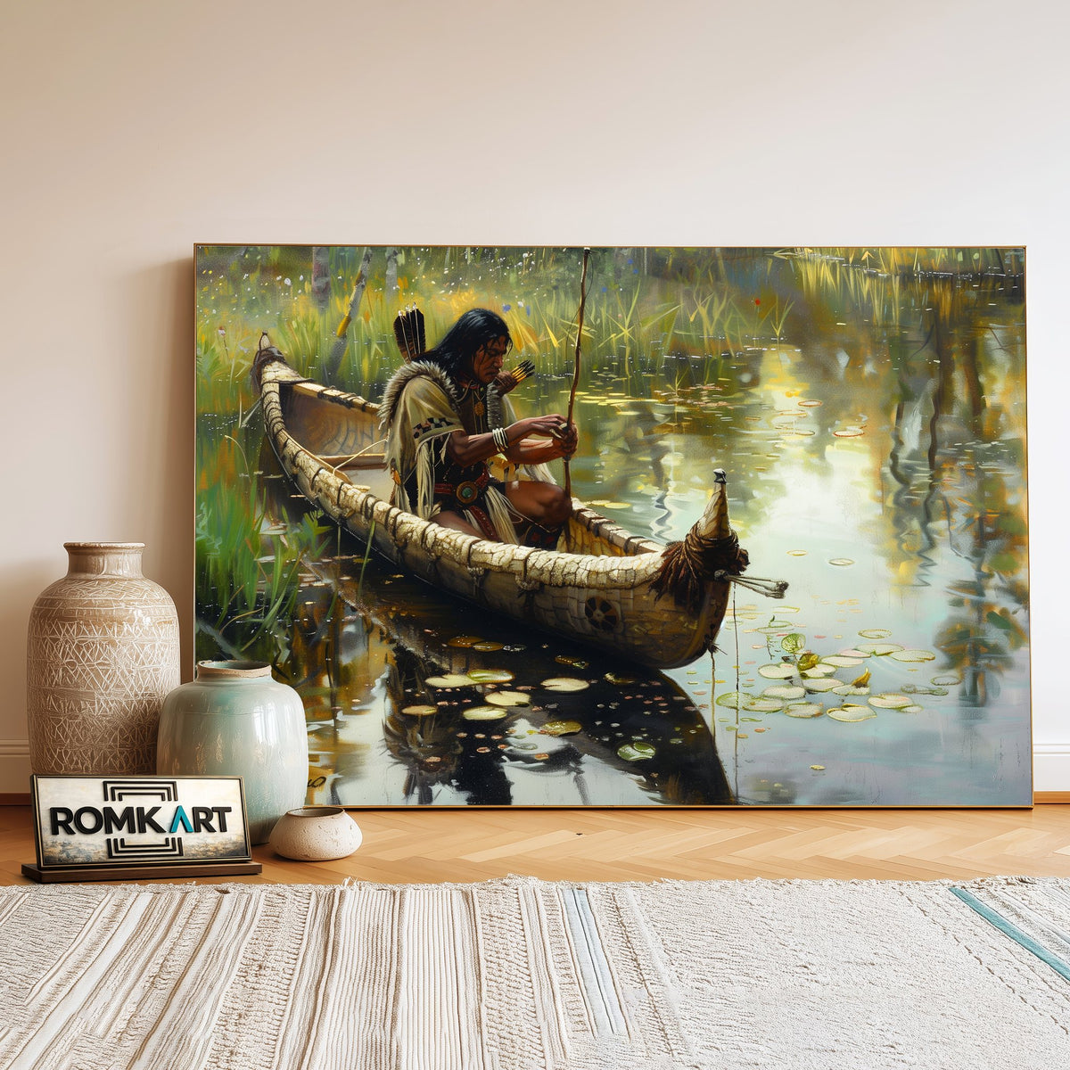 Native American Fishing Oil Painting - image 3