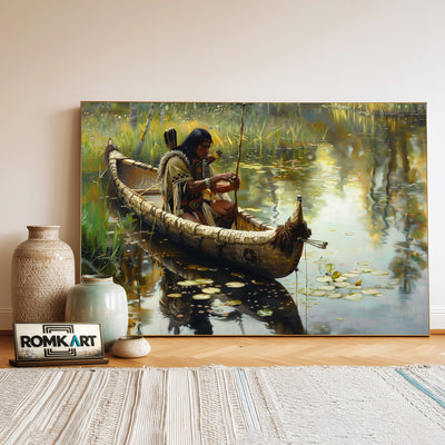 Native American Fishing Oil Painting - image 3