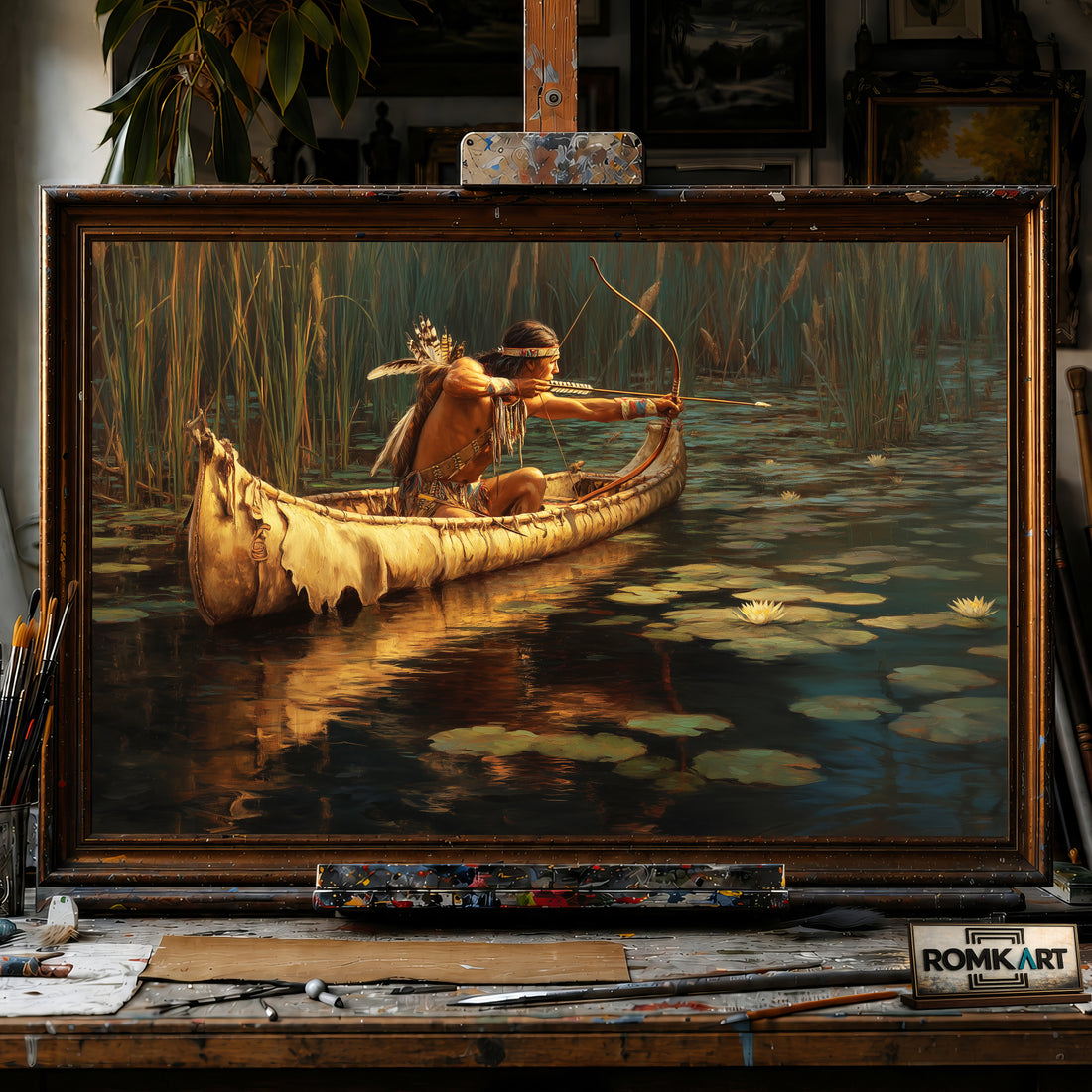 Native American Hunter in Birchbark Canoe hand-painted oil painting on canvas