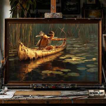 Native American Hunter in Birchbark Canoe hand-painted oil painting on canvas
