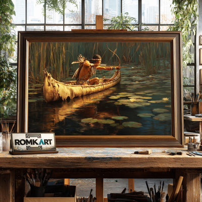 Native American Hunter in Birchbark Canoe Oil Painting - image 2