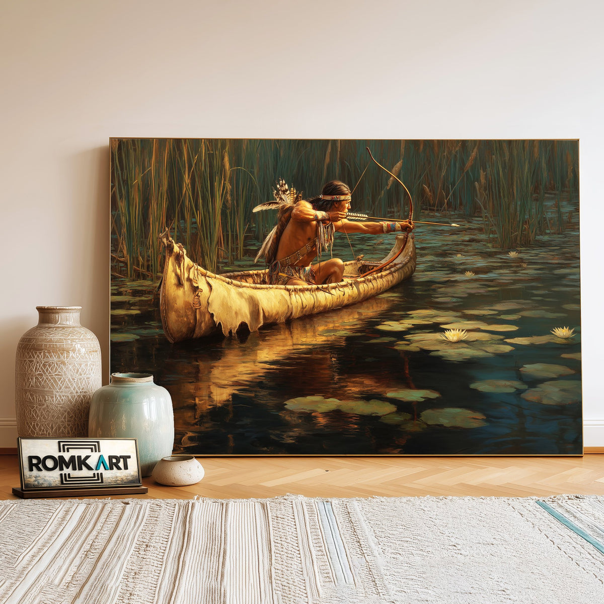 Native American Hunter in Birchbark Canoe Oil Painting - image 3
