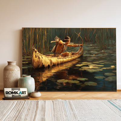 Native American Hunter in Birchbark Canoe Oil Painting - image 3