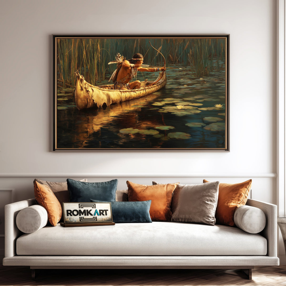 Native American Hunter in Birchbark Canoe Oil Painting - image 4