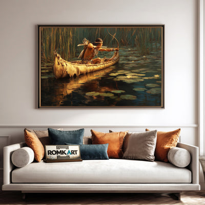 Native American Hunter in Birchbark Canoe Oil Painting - image 4