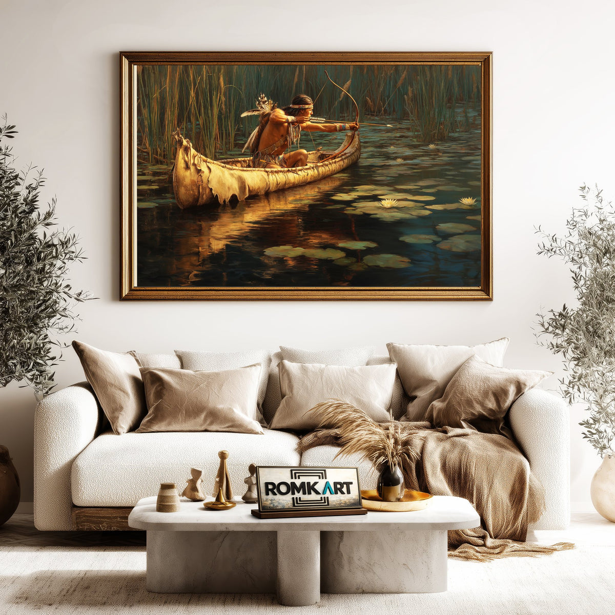 Native American Hunter in Birchbark Canoe Oil Painting - image 5