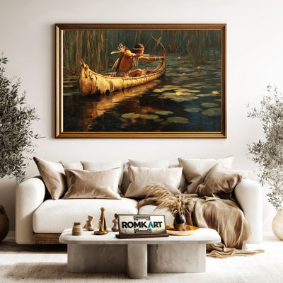 Native American Hunter in Birchbark Canoe Oil Painting - image 5