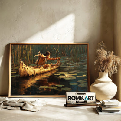 Native American Hunter in Birchbark Canoe Oil Painting - image 6
