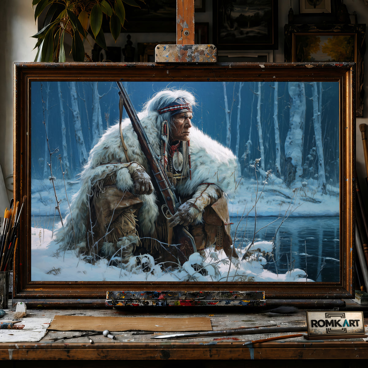 Native American Hunter hand-painted oil painting on canvas