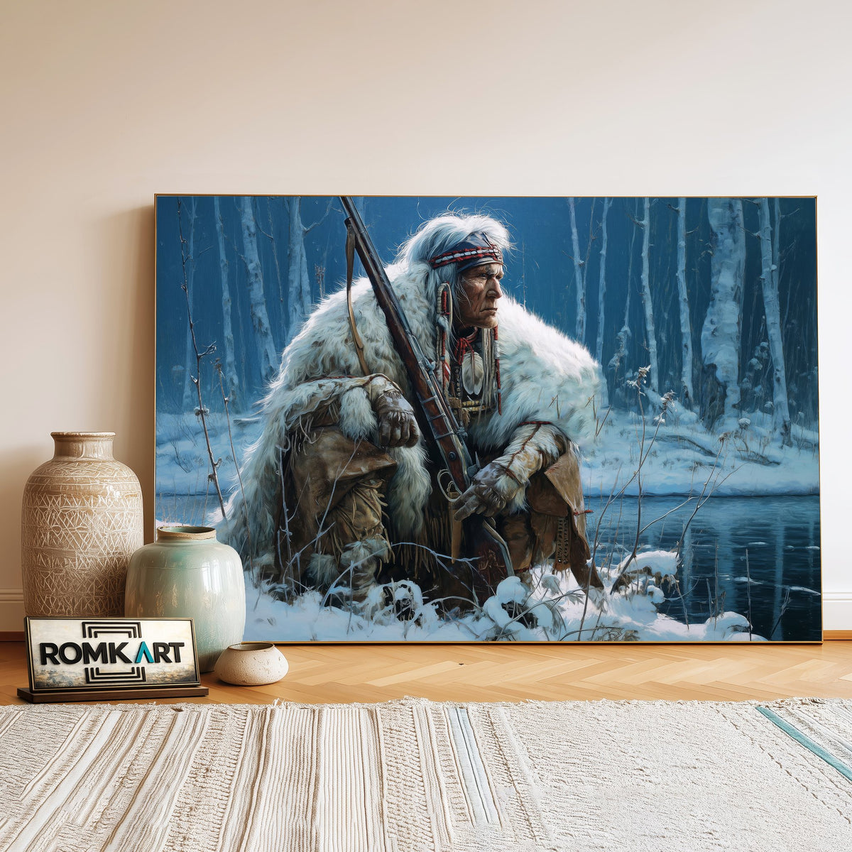 Native American Hunter Oil Painting - image 3