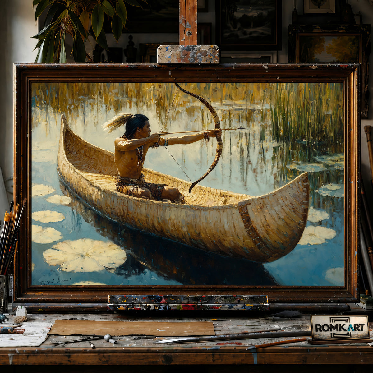 Native American Hunter on Birchbark Canoe hand-painted oil painting on canvas