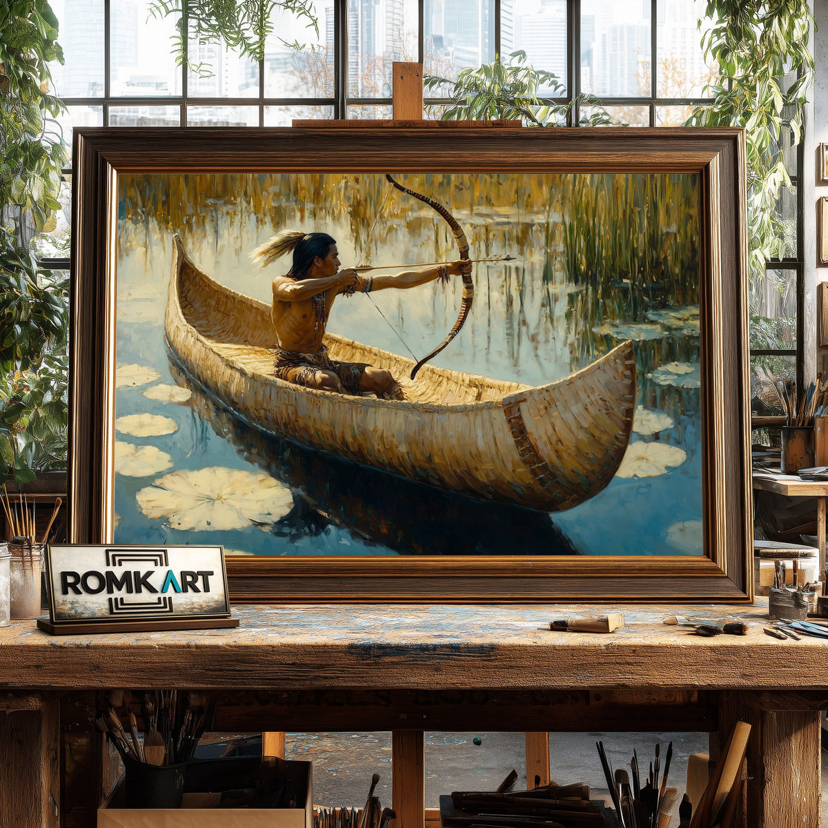 Native American Hunter on Birchbark Canoe Oil Painting - image 2