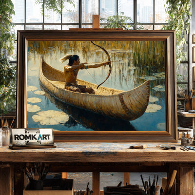 Native American Hunter on Birchbark Canoe Oil Painting - image 2