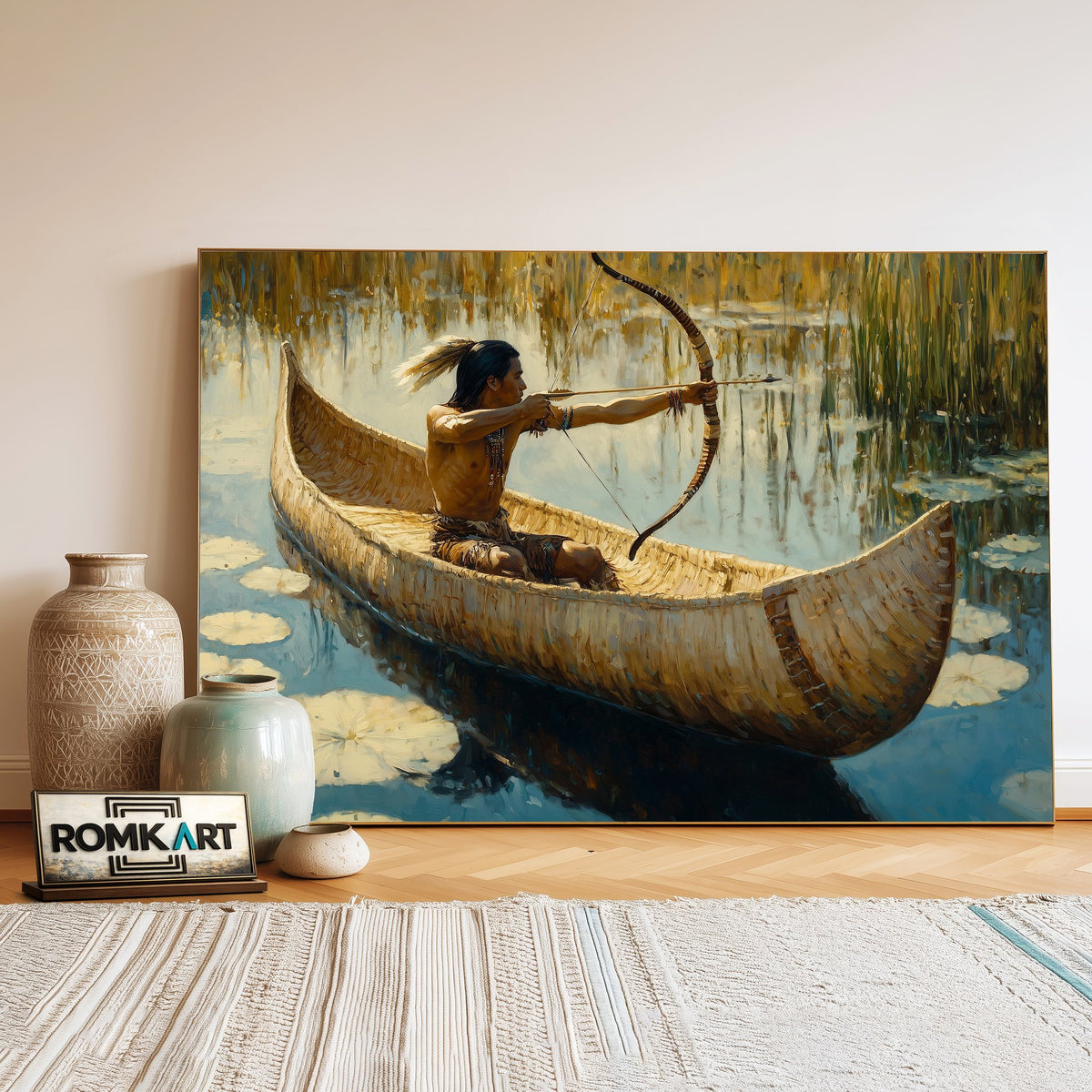 Native American Hunter on Birchbark Canoe Oil Painting - image 3