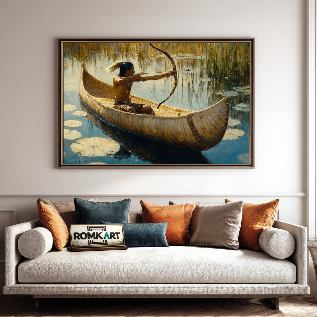 Native American Hunter on Birchbark Canoe Oil Painting - image 4