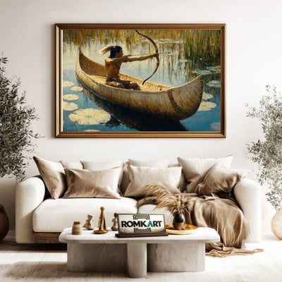 Native American Hunter on Birchbark Canoe Oil Painting - image 5