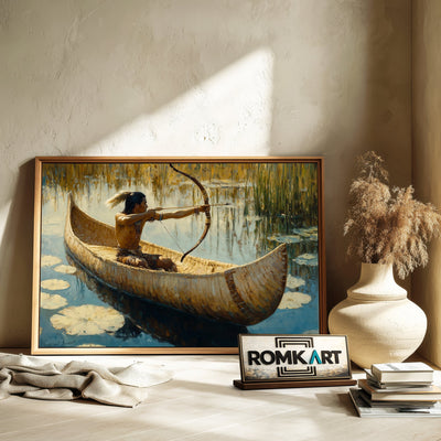 Native American Hunter on Birchbark Canoe Oil Painting - image 6
