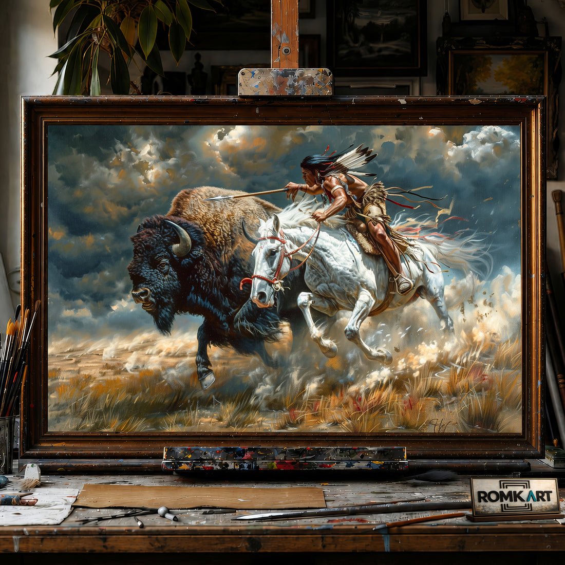 Native American Hunting Bison hand-painted oil painting on canvas