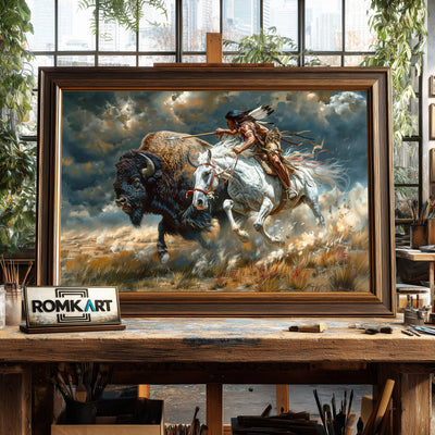Native American Hunting Bison Oil Painting - image 2