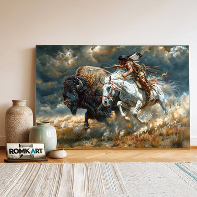 Native American Hunting Bison Oil Painting - image 3