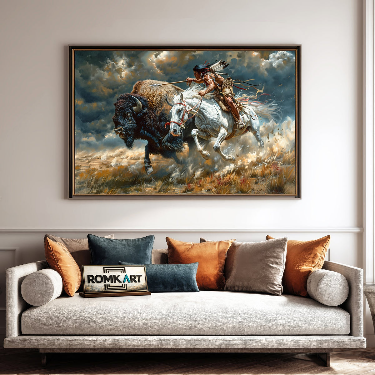 Native American Hunting Bison Oil Painting - image 4