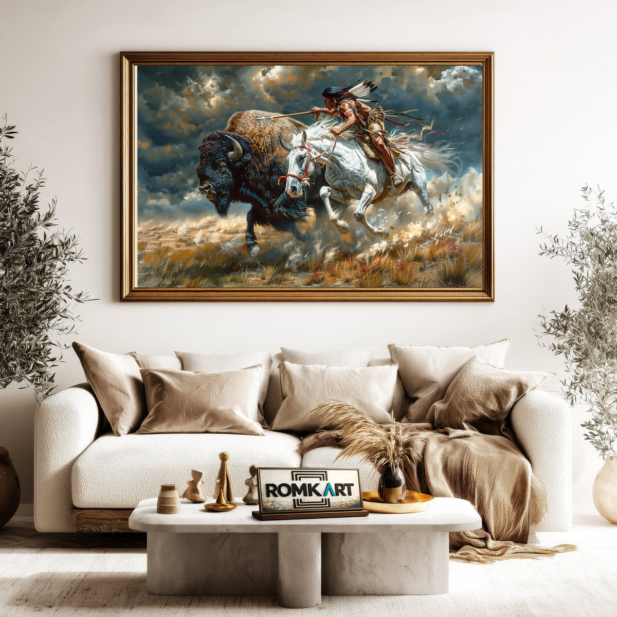 Native American Hunting Bison Oil Painting - image 5