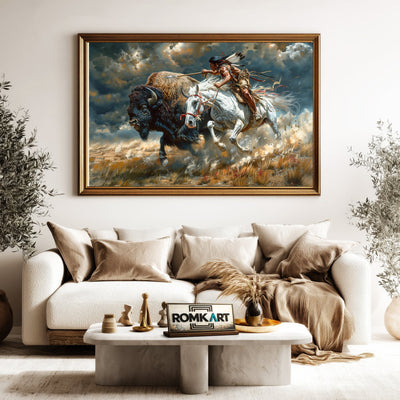 Native American Hunting Bison Oil Painting - image 5