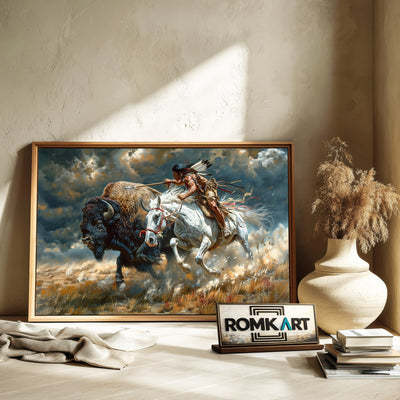 Native American Hunting Bison Oil Painting - image 6