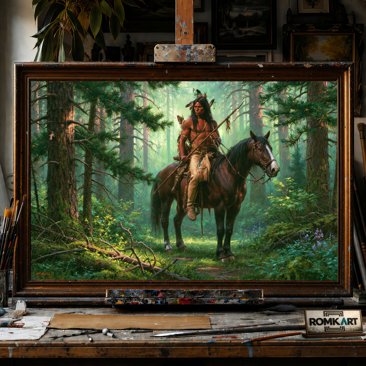 Native American in Deep Forest hand-painted oil painting on canvas