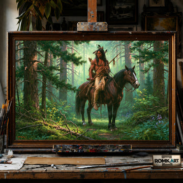 Native American in Deep Forest hand-painted oil painting on canvas