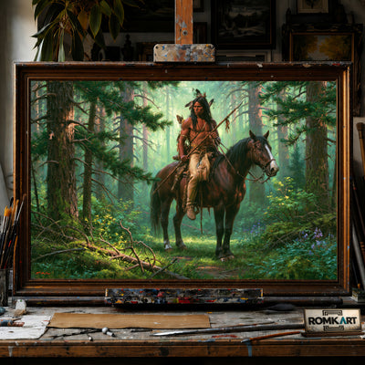 Native American in Deep Forest hand-painted oil painting on canvas