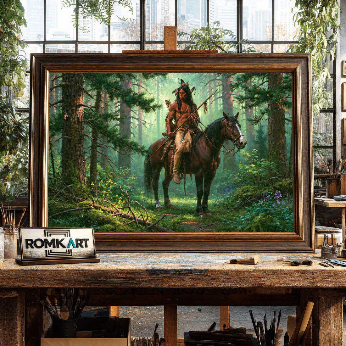 Native American in Deep Forest hand-painted oil painting on canvas