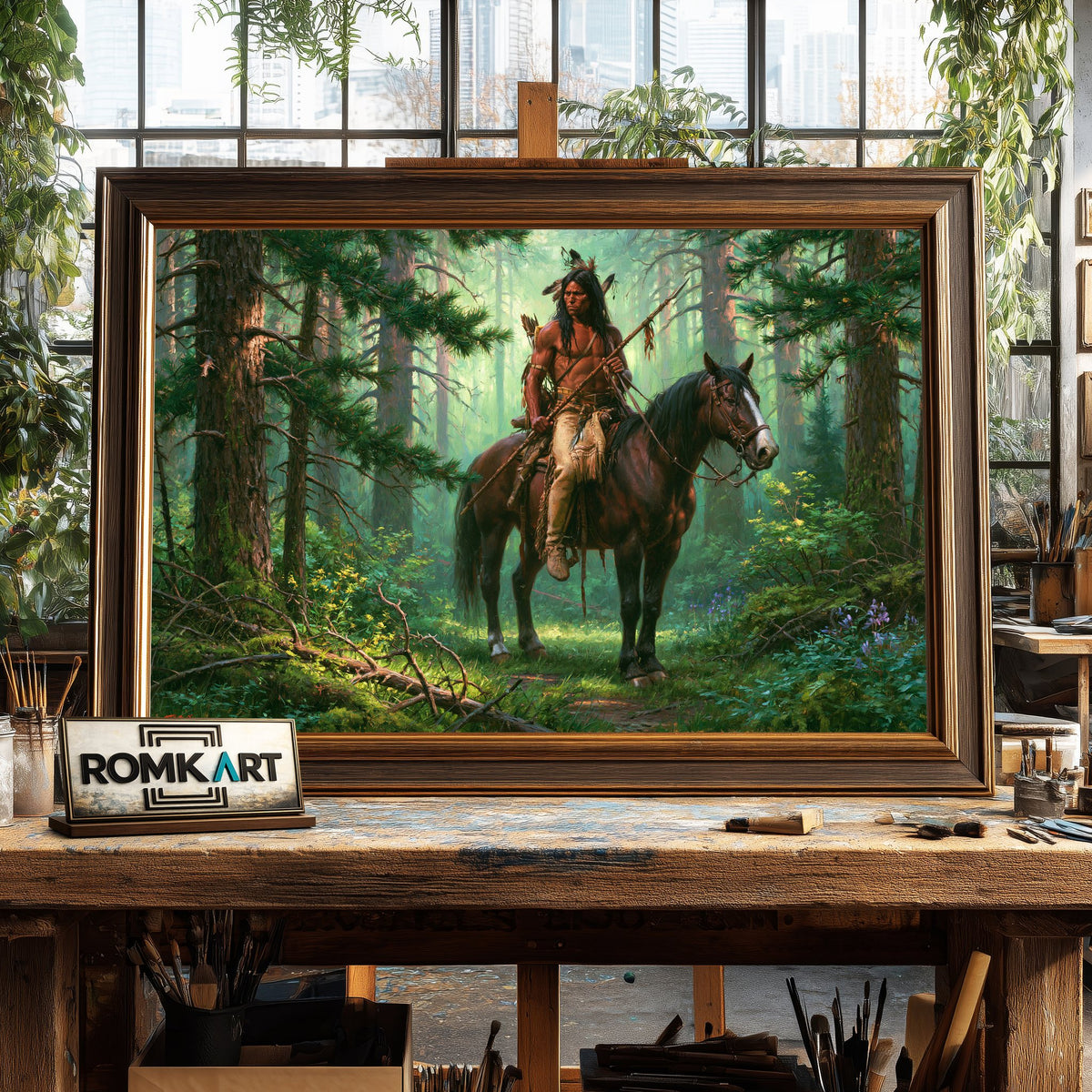 Native American in Deep Forest Oil Painting - image 2