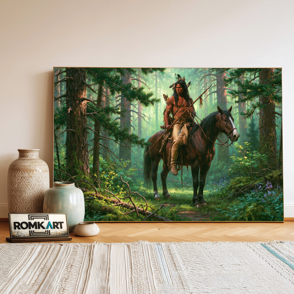 Native American in Deep Forest Oil Painting - image 3