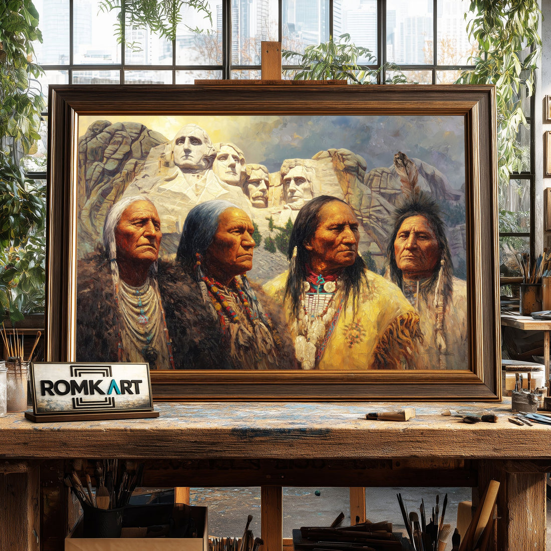Native American Leaders in Rushmore Mountain hand-painted oil painting on canvas