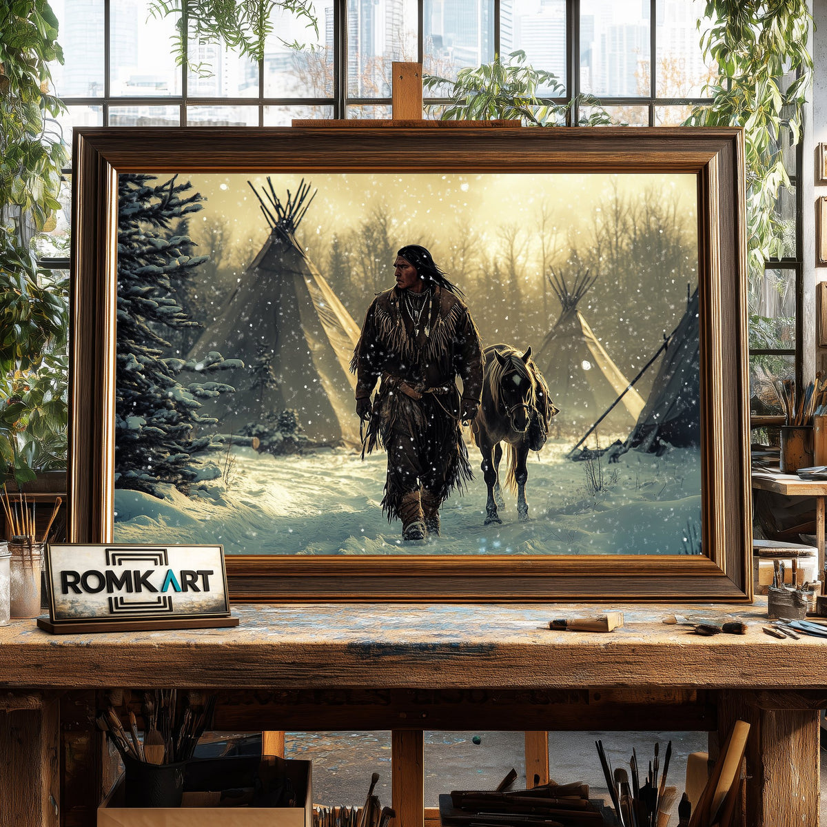 Native American Man and Horse Oil Painting - image 2