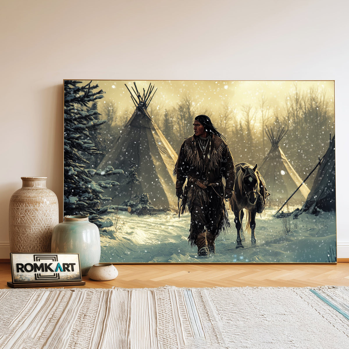 Native American Man and Horse Oil Painting - image 3