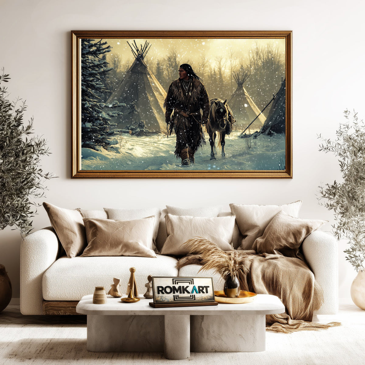 Native American Man and Horse Oil Painting - image 5