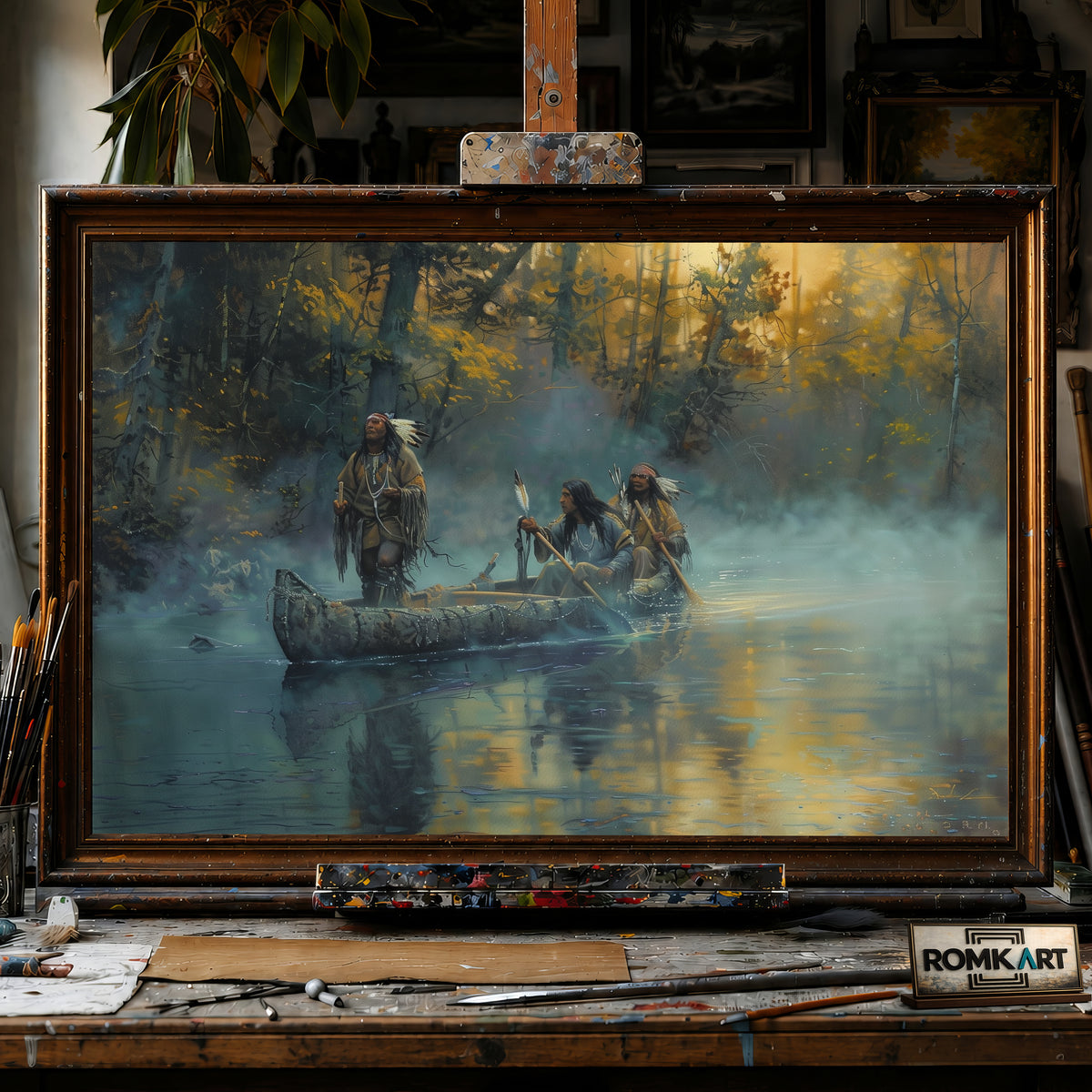 Native American on Birchbark Canoe hand-painted oil painting on canvas
