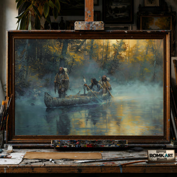 Native American on Birchbark Canoe hand-painted oil painting on canvas