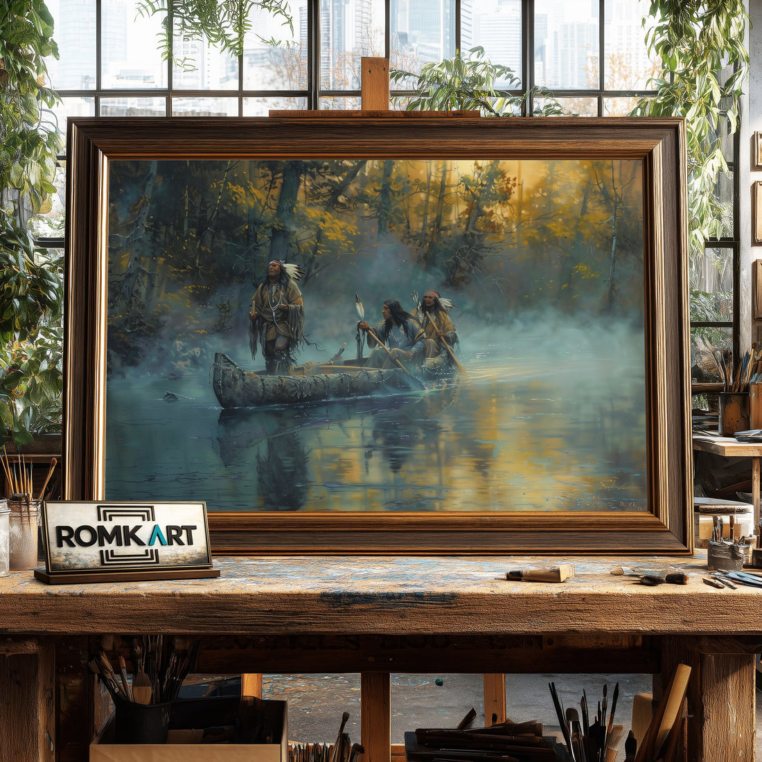 Native American on Birchbark Canoe hand-painted oil painting on canvas