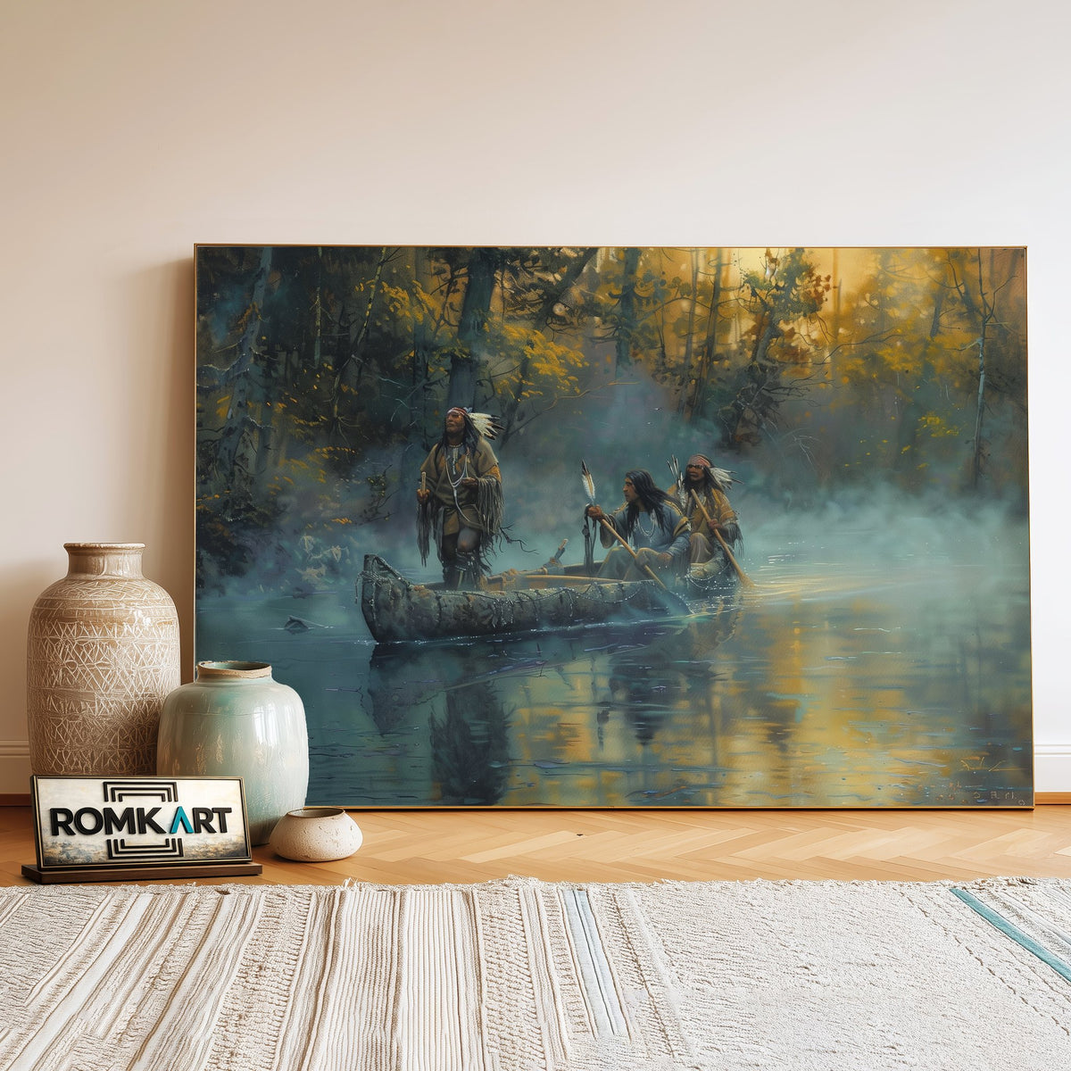 Native American on Birchbark Canoe Oil Painting - image 3
