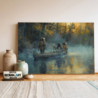Native American on Birchbark Canoe Oil Painting - image 3