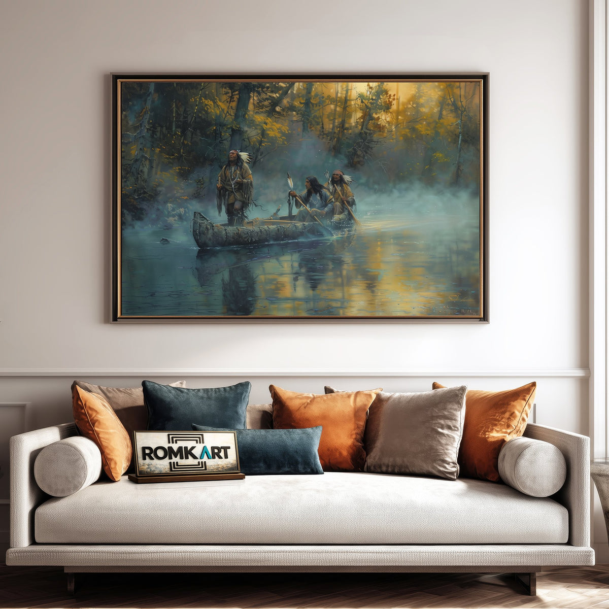 Native American on Birchbark Canoe Oil Painting - image 4