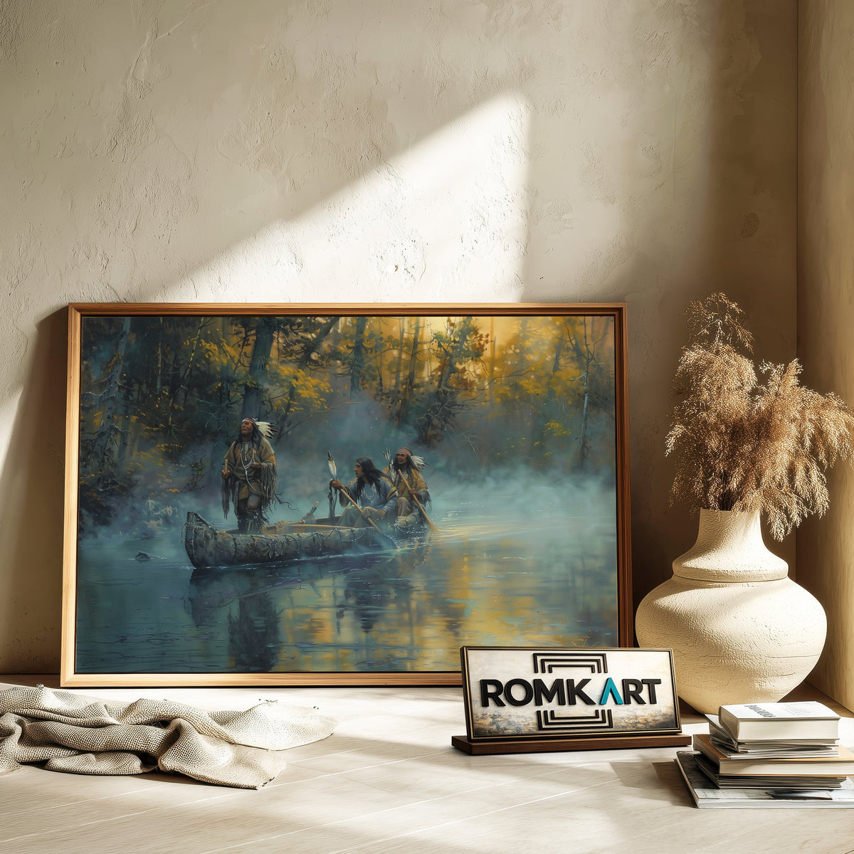 Native American on Birchbark Canoe Oil Painting - image 6