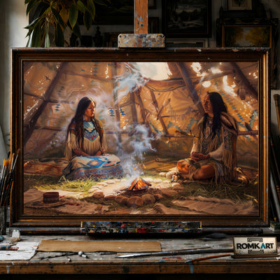 Native American Praying inside Teepee hand-painted oil painting on canvas
