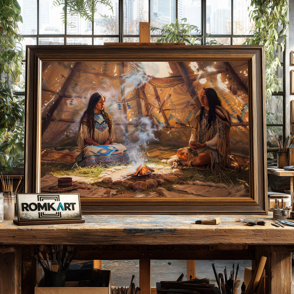 Native American Praying inside Teepee Oil Painting - image 2