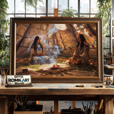 Native American Praying inside Teepee Oil Painting - image 2