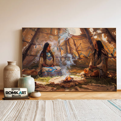 Native American Praying inside Teepee Oil Painting - image 3