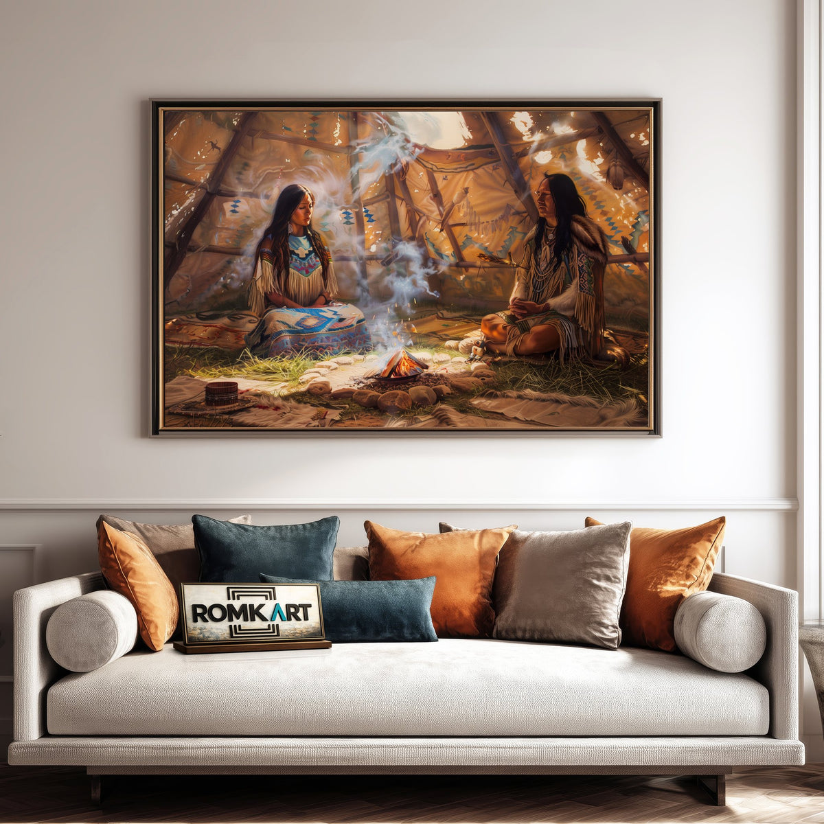 Native American Praying inside Teepee Oil Painting - image 4